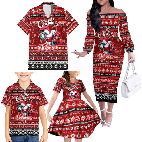 Personalized Dolphins Rugby Xmas Family Matching Off The Shoulder Long Sleeve Dress and Hawaiian Shirt Australia NRL Mascot