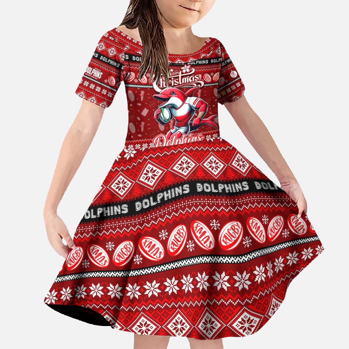 Personalized Dolphins Rugby Xmas Family Matching Off The Shoulder Long Sleeve Dress and Hawaiian Shirt Australia NRL Mascot