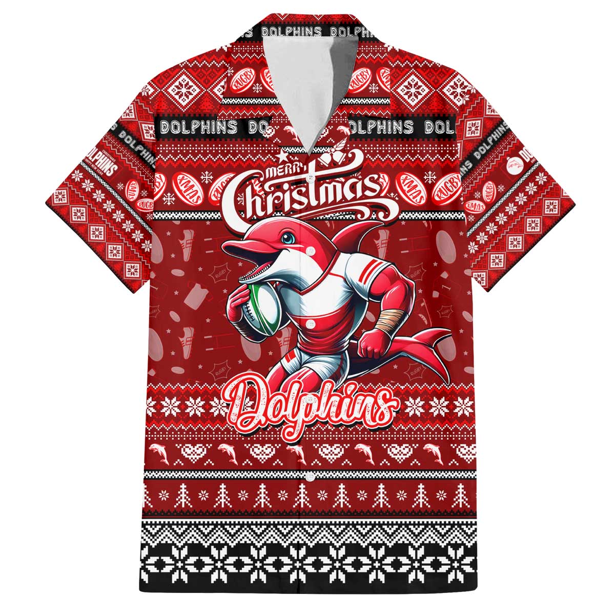 Personalized Dolphins Rugby Xmas Family Matching Off The Shoulder Long Sleeve Dress and Hawaiian Shirt Australia NRL Mascot
