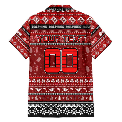 Personalized Dolphins Rugby Xmas Family Matching Off The Shoulder Long Sleeve Dress and Hawaiian Shirt Australia NRL Mascot