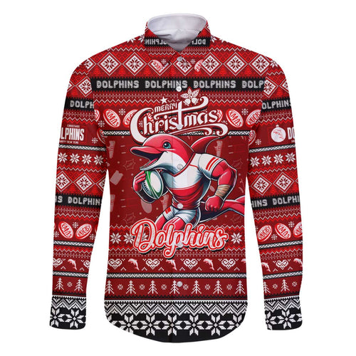 Personalized Dolphins Rugby Xmas Family Matching Off The Shoulder Long Sleeve Dress and Hawaiian Shirt Australia NRL Mascot