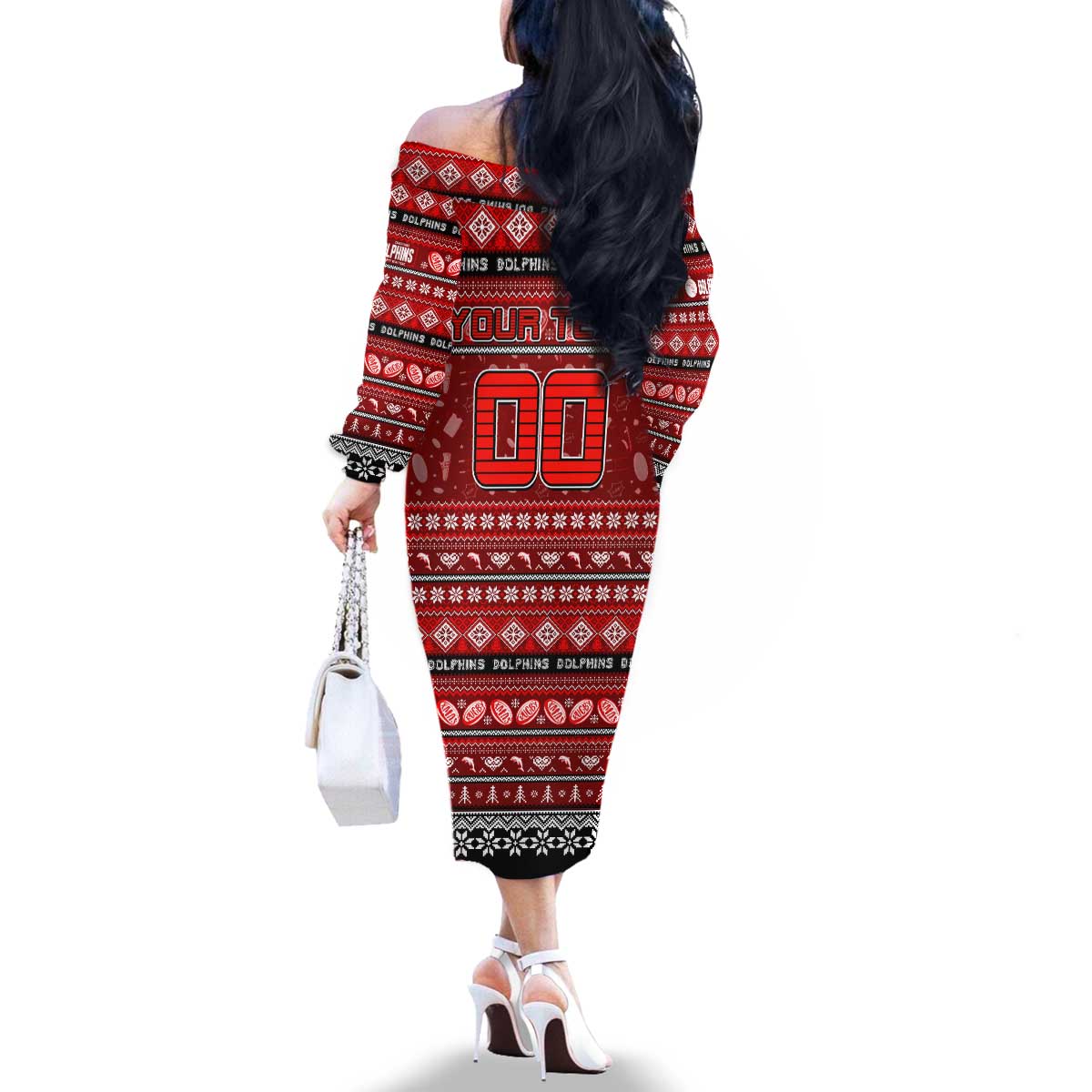 Personalized Dolphins Rugby Xmas Family Matching Off The Shoulder Long Sleeve Dress and Hawaiian Shirt Australia NRL Mascot