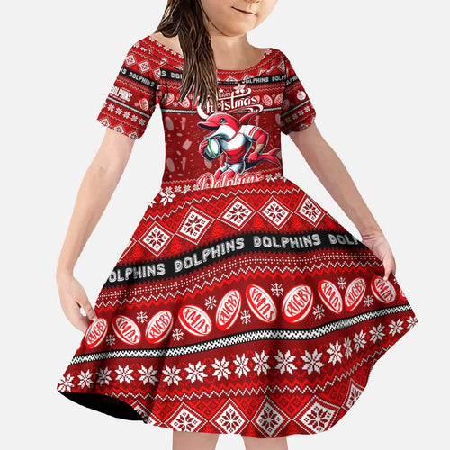 Personalized Dolphins Rugby Xmas Family Matching Off Shoulder Maxi Dress and Hawaiian Shirt Australia NRL Mascot