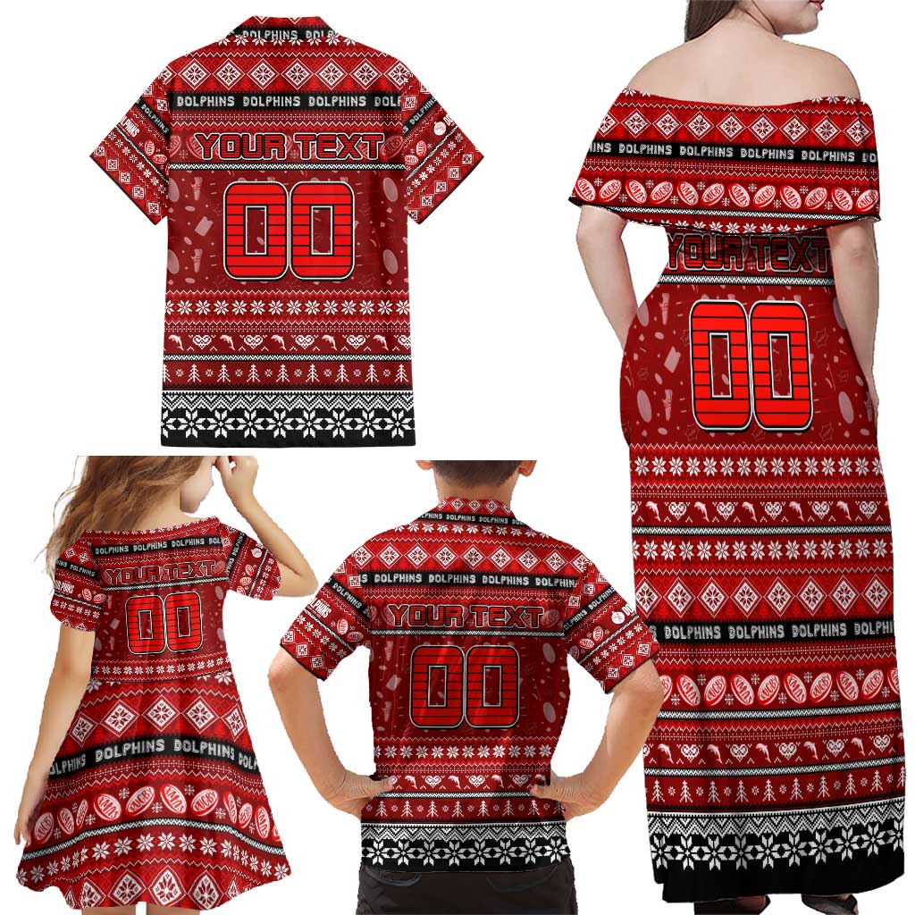Personalized Dolphins Rugby Xmas Family Matching Off Shoulder Maxi Dress and Hawaiian Shirt Australia NRL Mascot