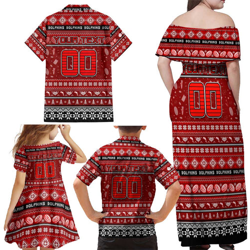 Personalized Dolphins Rugby Xmas Family Matching Off Shoulder Maxi Dress and Hawaiian Shirt Australia NRL Mascot