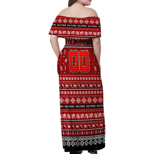 Personalized Dolphins Rugby Xmas Family Matching Off Shoulder Maxi Dress and Hawaiian Shirt Australia NRL Mascot