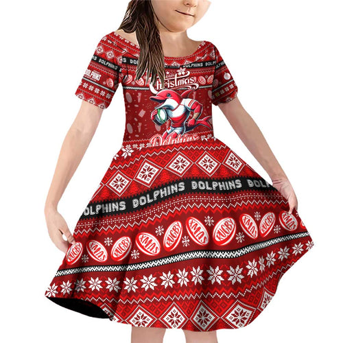 Personalized Dolphins Rugby Xmas Family Matching Off Shoulder Short Dress and Hawaiian Shirt Australia NRL Mascot