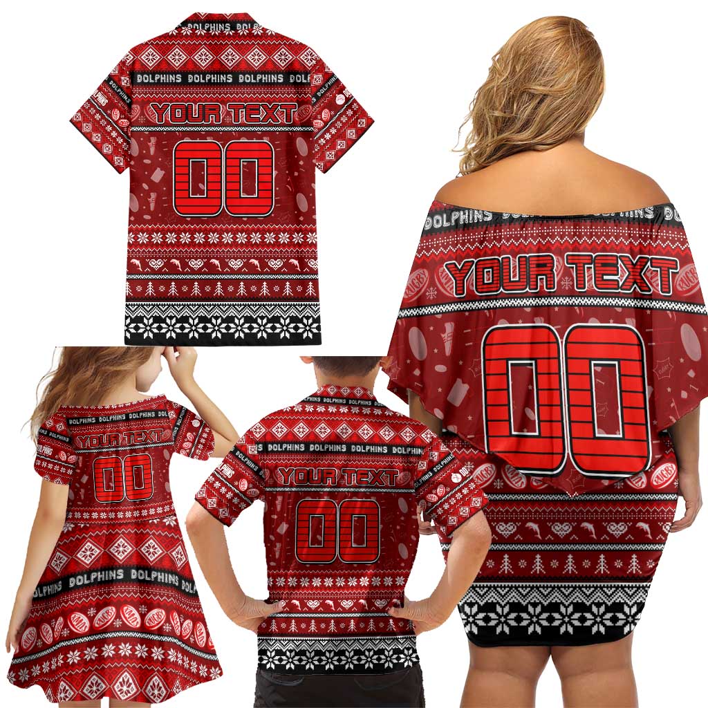 Personalized Dolphins Rugby Xmas Family Matching Off Shoulder Short Dress and Hawaiian Shirt Australia NRL Mascot