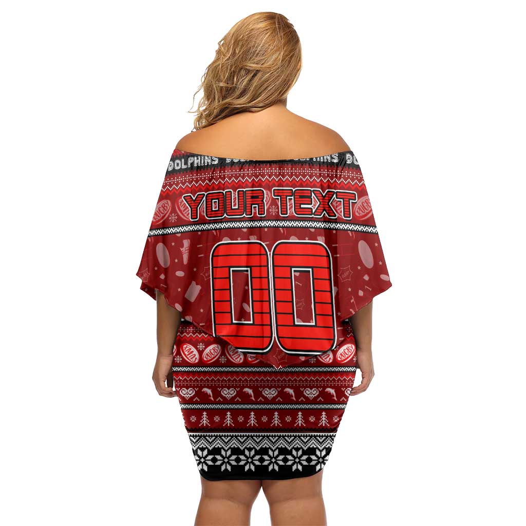 Personalized Dolphins Rugby Xmas Family Matching Off Shoulder Short Dress and Hawaiian Shirt Australia NRL Mascot