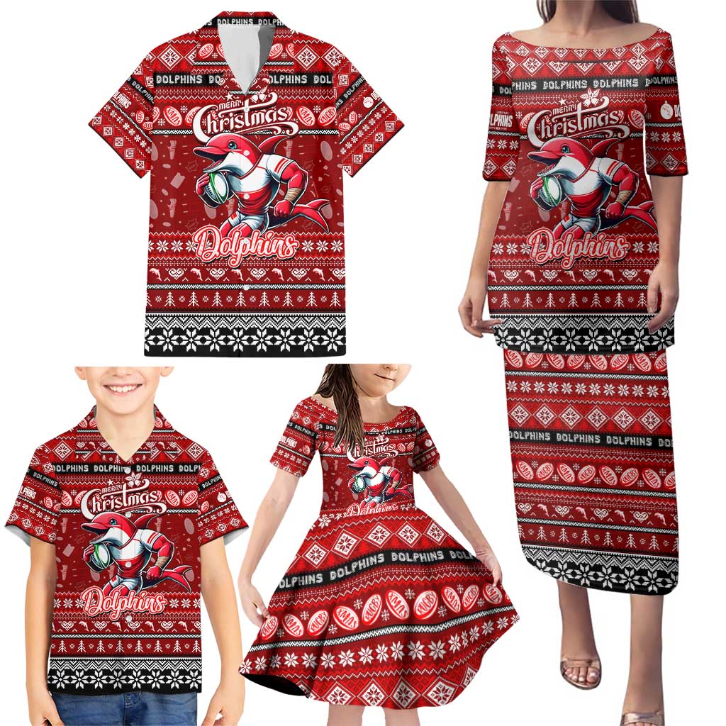 Personalized Dolphins Rugby Xmas Family Matching Puletasi and Hawaiian Shirt Australia NRL Mascot