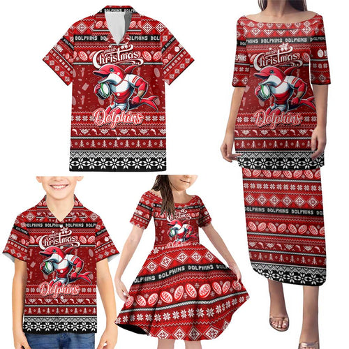 Personalized Dolphins Rugby Xmas Family Matching Puletasi and Hawaiian Shirt Australia NRL Mascot