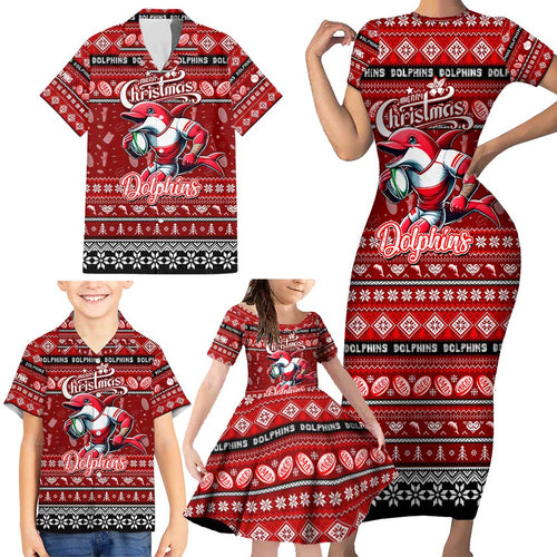 Personalized Dolphins Rugby Xmas Family Matching Short Sleeve Bodycon Dress and Hawaiian Shirt Australia NRL Mascot