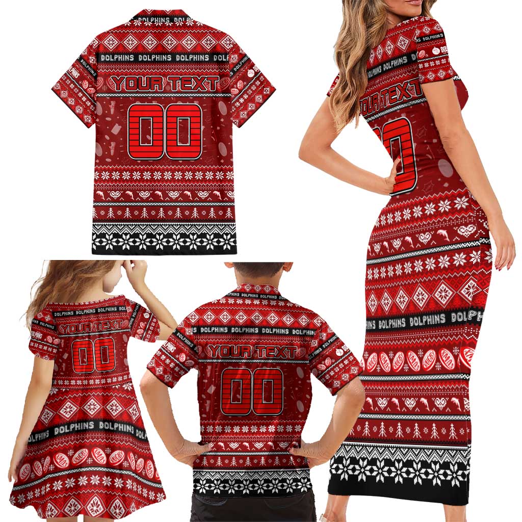 Personalized Dolphins Rugby Xmas Family Matching Short Sleeve Bodycon Dress and Hawaiian Shirt Australia NRL Mascot