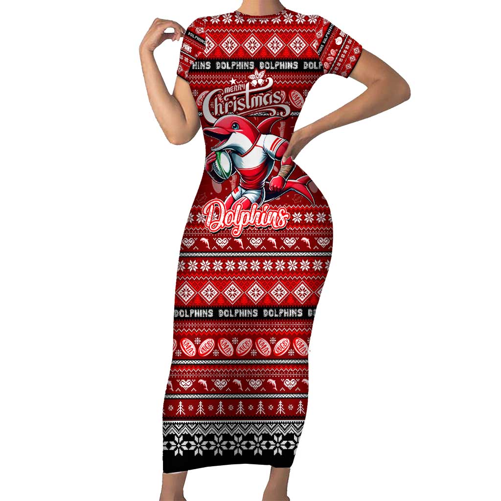 Personalized Dolphins Rugby Xmas Family Matching Short Sleeve Bodycon Dress and Hawaiian Shirt Australia NRL Mascot