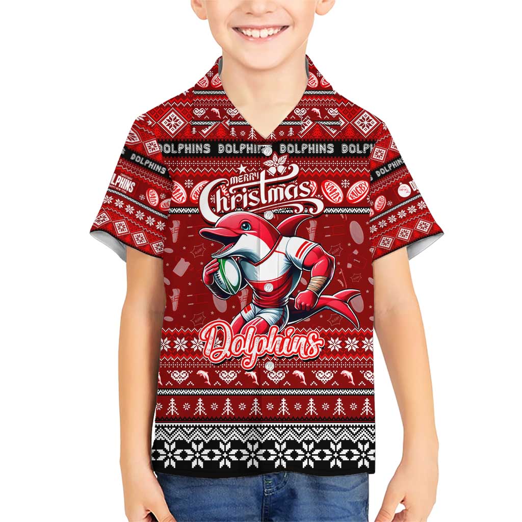 Personalized Dolphins Rugby Xmas Family Matching Short Sleeve Bodycon Dress and Hawaiian Shirt Australia NRL Mascot
