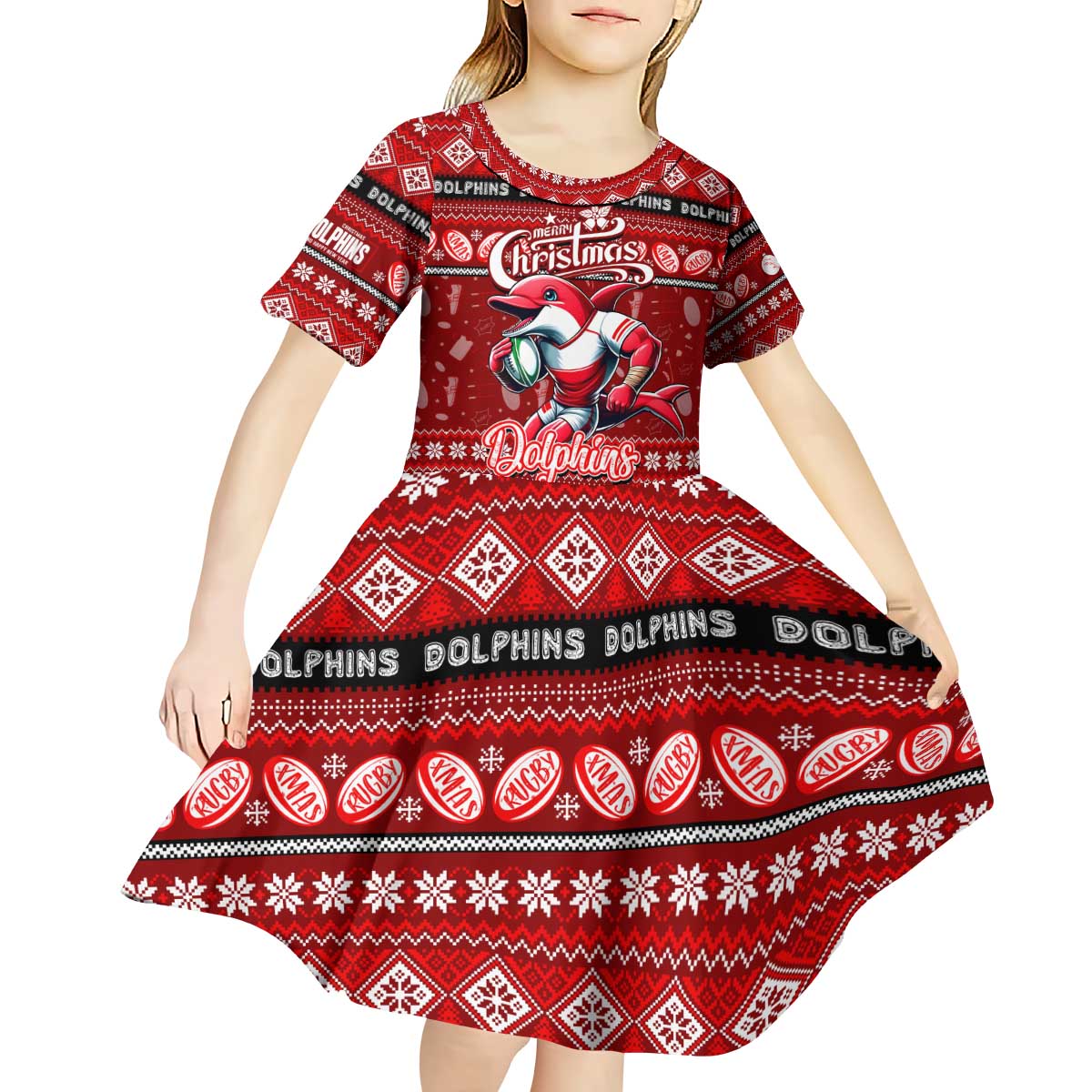 Personalized Dolphins Rugby Xmas Kid Short Sleeve Dress Australia NRL Mascot