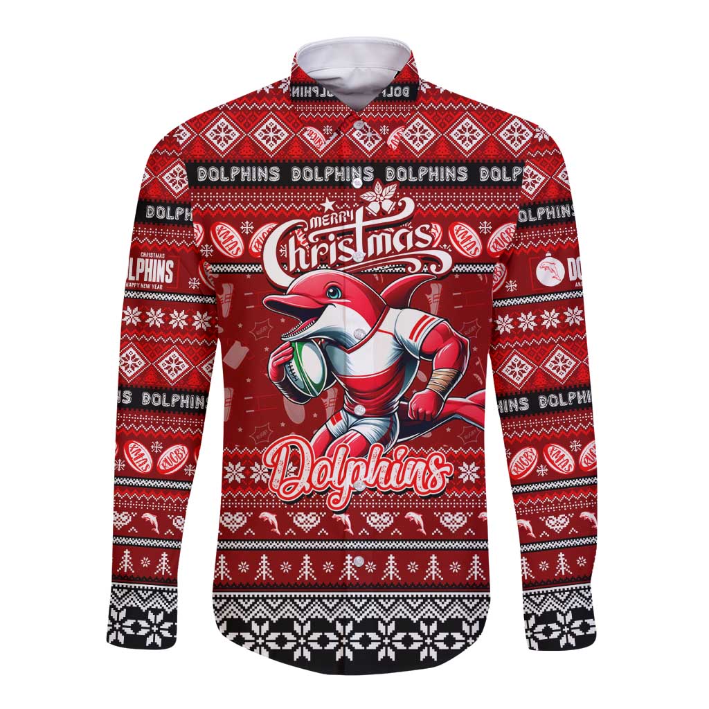 Personalized Dolphins Rugby Xmas Long Sleeve Button Shirt Australia NRL Mascot