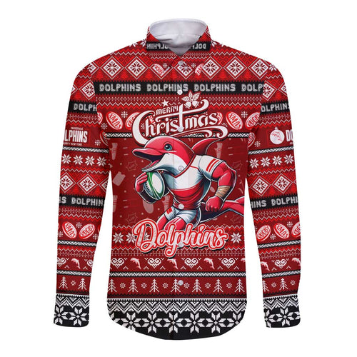 Personalized Dolphins Rugby Xmas Long Sleeve Button Shirt Australia NRL Mascot