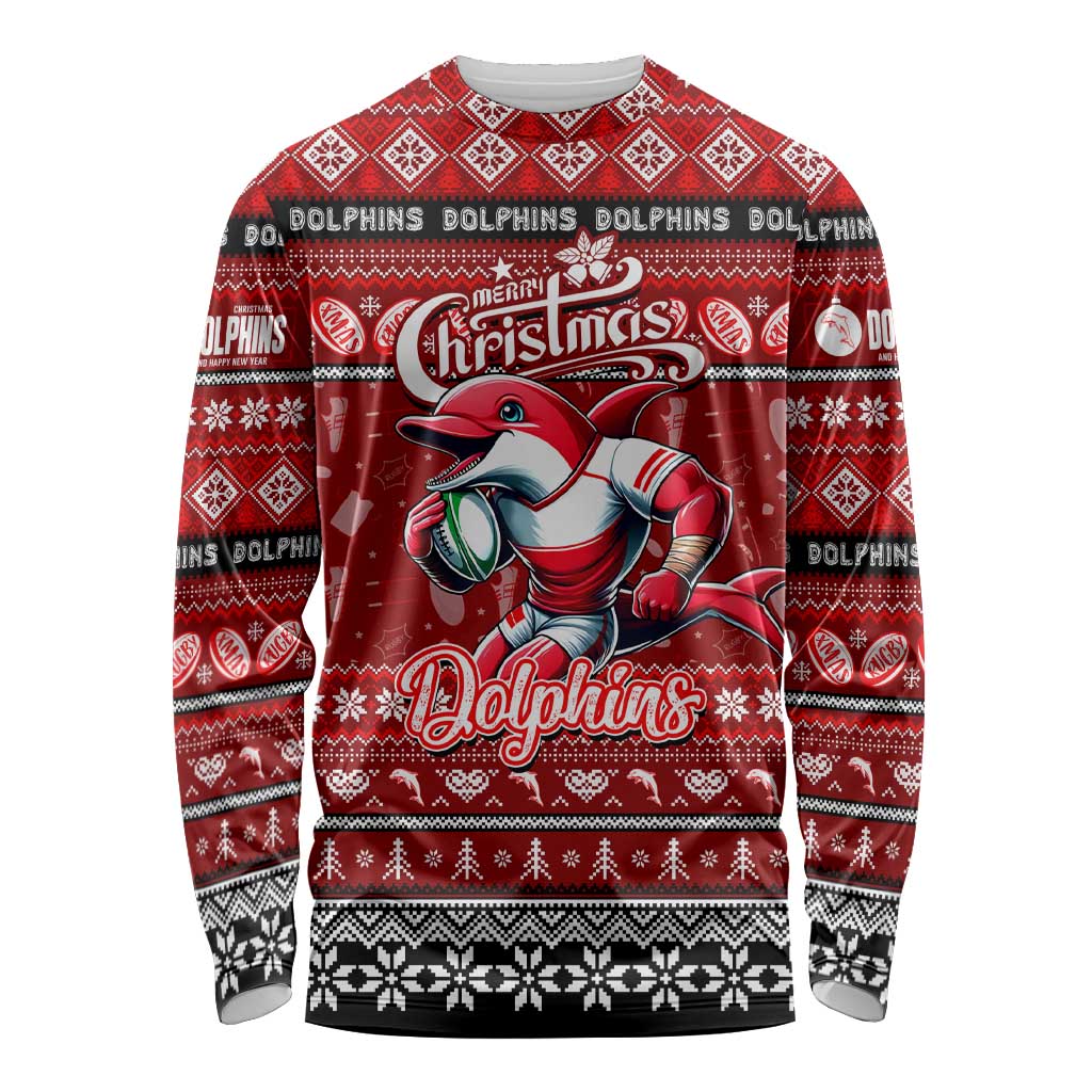 Personalized Dolphins Rugby Xmas Long Sleeve Shirt Australia NRL Mascot