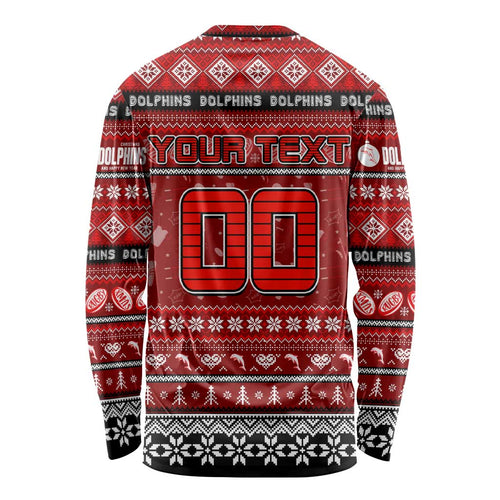 Personalized Dolphins Rugby Xmas Long Sleeve Shirt Australia NRL Mascot
