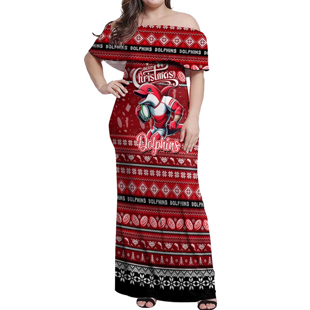 Personalized Dolphins Rugby Xmas Off Shoulder Maxi Dress Australia NRL Mascot