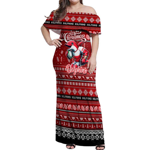 Personalized Dolphins Rugby Xmas Off Shoulder Maxi Dress Australia NRL Mascot