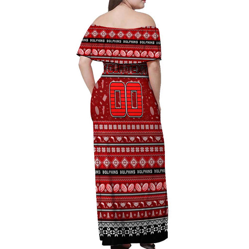 Personalized Dolphins Rugby Xmas Off Shoulder Maxi Dress Australia NRL Mascot