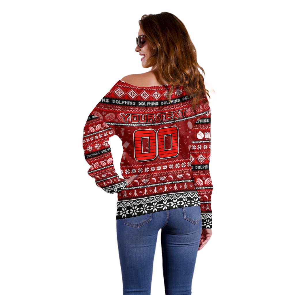 Personalized Dolphins Rugby Xmas Off Shoulder Sweater Australia NRL Mascot