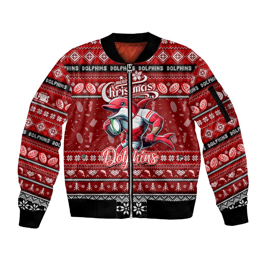 Personalized Dolphins Rugby Xmas Sleeve Zip Bomber Jacket Australia NRL Mascot