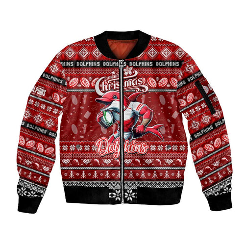 Personalized Dolphins Rugby Xmas Sleeve Zip Bomber Jacket Australia NRL Mascot