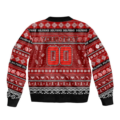 Personalized Dolphins Rugby Xmas Sleeve Zip Bomber Jacket Australia NRL Mascot