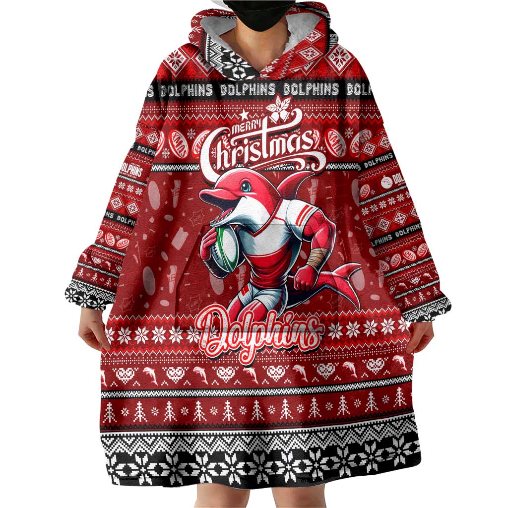 Personalized Dolphins Rugby Xmas Wearable Blanket Hoodie Australia NRL Mascot
