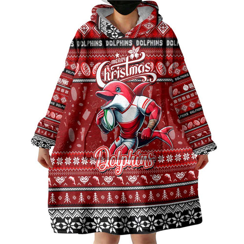 Personalized Dolphins Rugby Xmas Wearable Blanket Hoodie Australia NRL Mascot