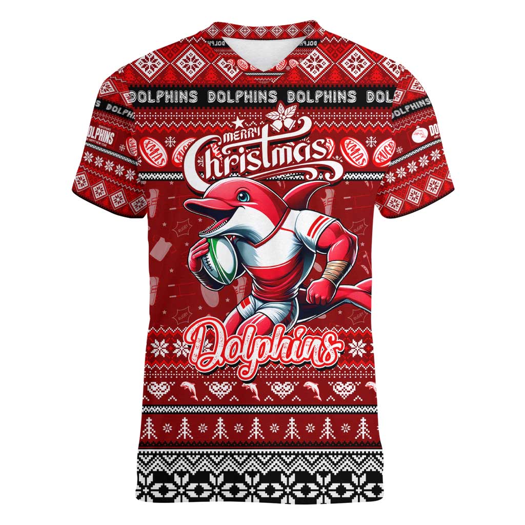 Personalized Dolphins Rugby Xmas Women V-Neck T-Shirt Australia NRL Mascot