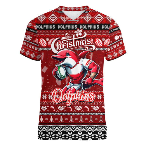 Personalized Dolphins Rugby Xmas Women V-Neck T-Shirt Australia NRL Mascot