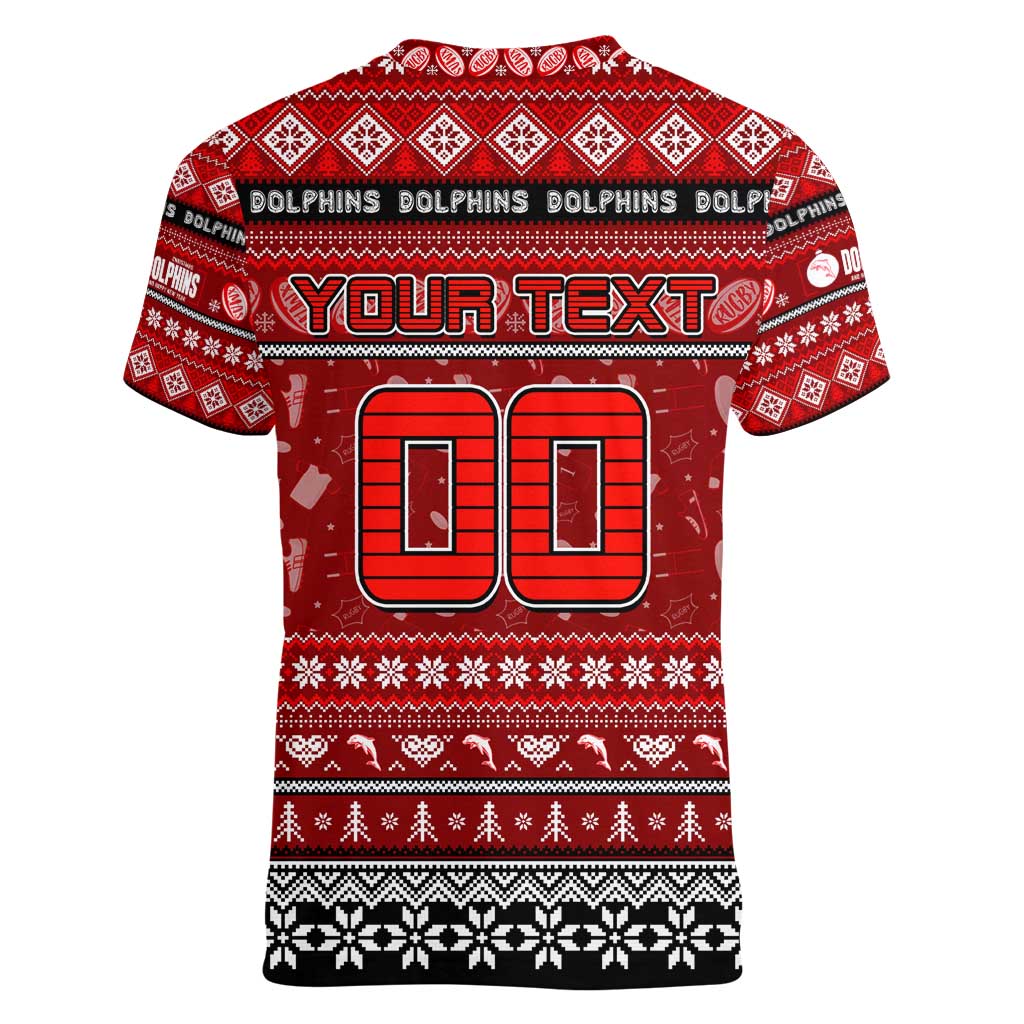 Personalized Dolphins Rugby Xmas Women V-Neck T-Shirt Australia NRL Mascot