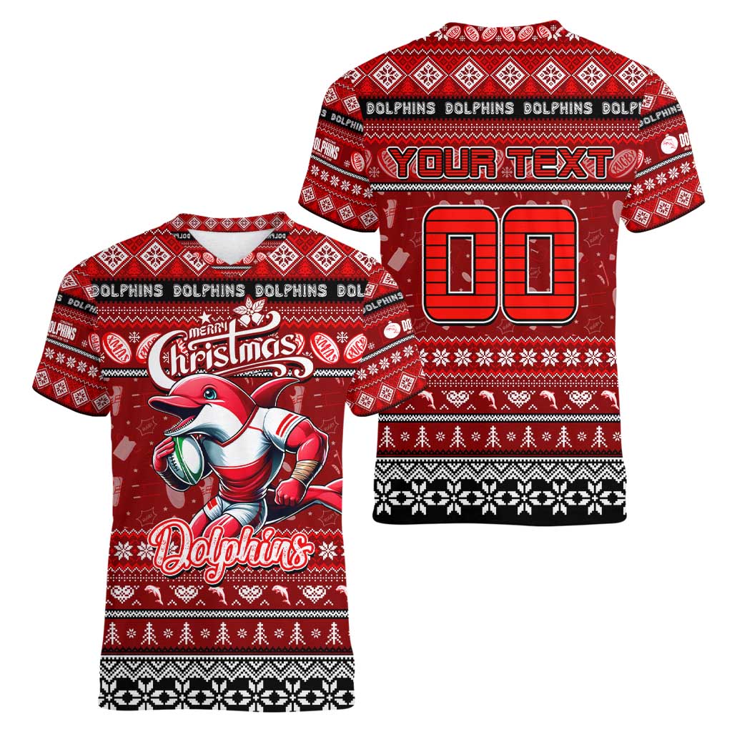 Personalized Dolphins Rugby Xmas Women V-Neck T-Shirt Australia NRL Mascot