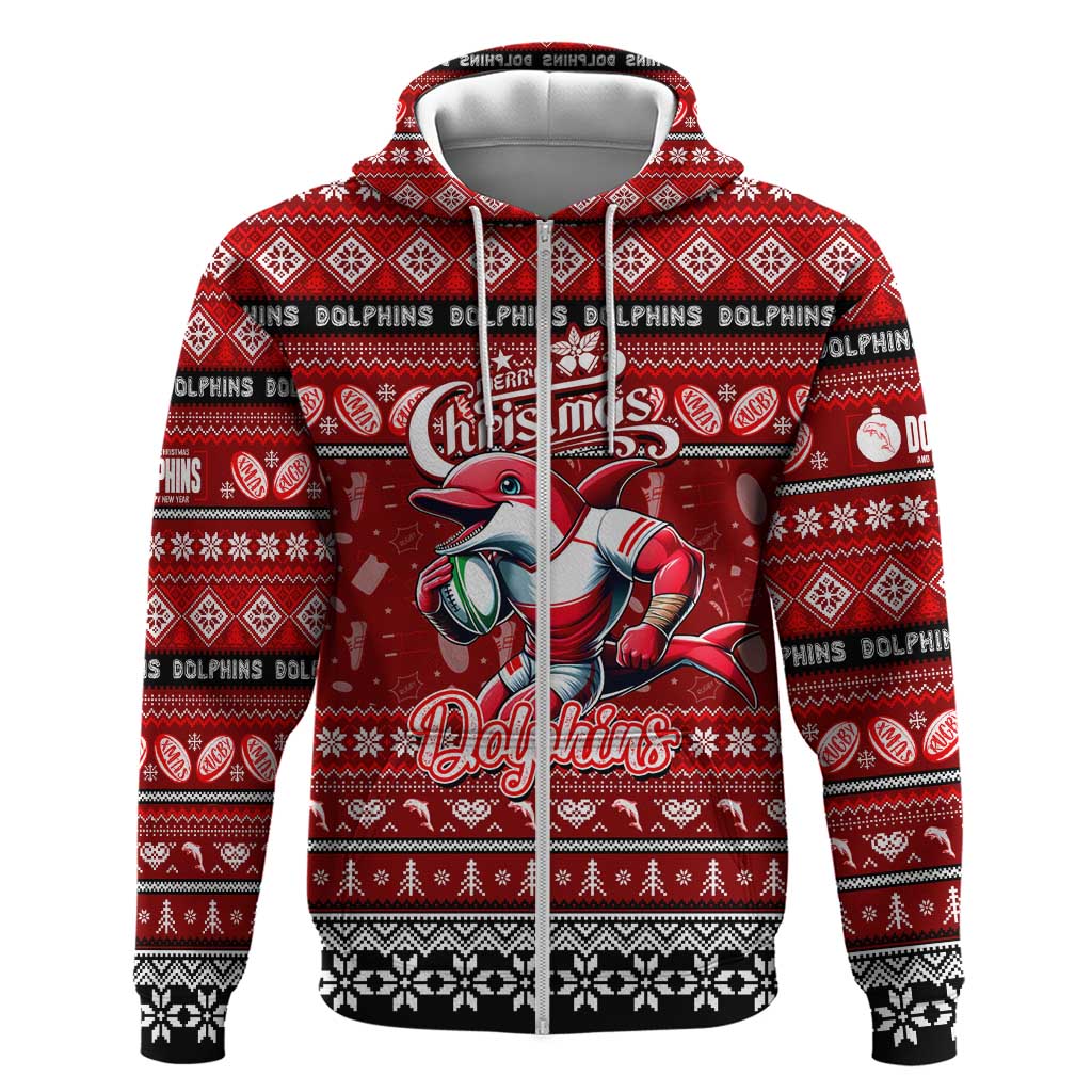 Personalized Dolphins Rugby Xmas Zip Hoodie Australia NRL Mascot