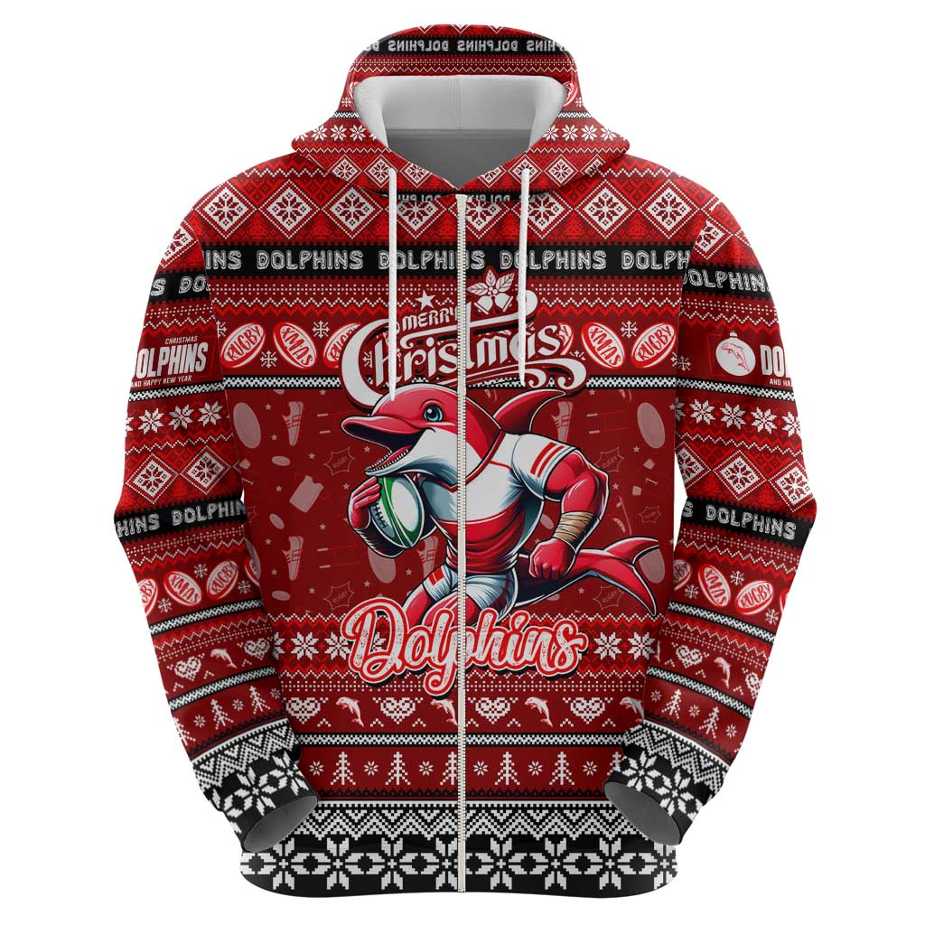 Personalized Dolphins Rugby Xmas Zip Hoodie Australia NRL Mascot