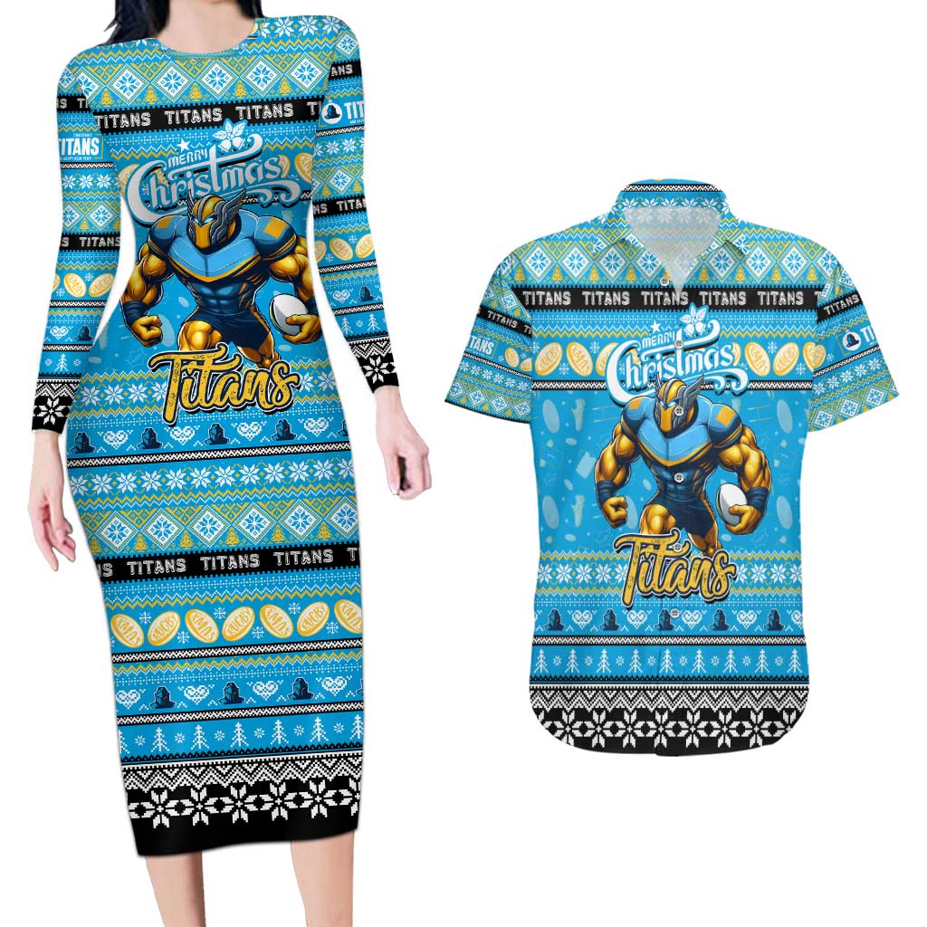 Personalized Titans Rugby Xmas Couples Matching Long Sleeve Bodycon Dress and Hawaiian Shirt Australia NRL Mascot