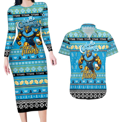 Personalized Titans Rugby Xmas Couples Matching Long Sleeve Bodycon Dress and Hawaiian Shirt Australia NRL Mascot