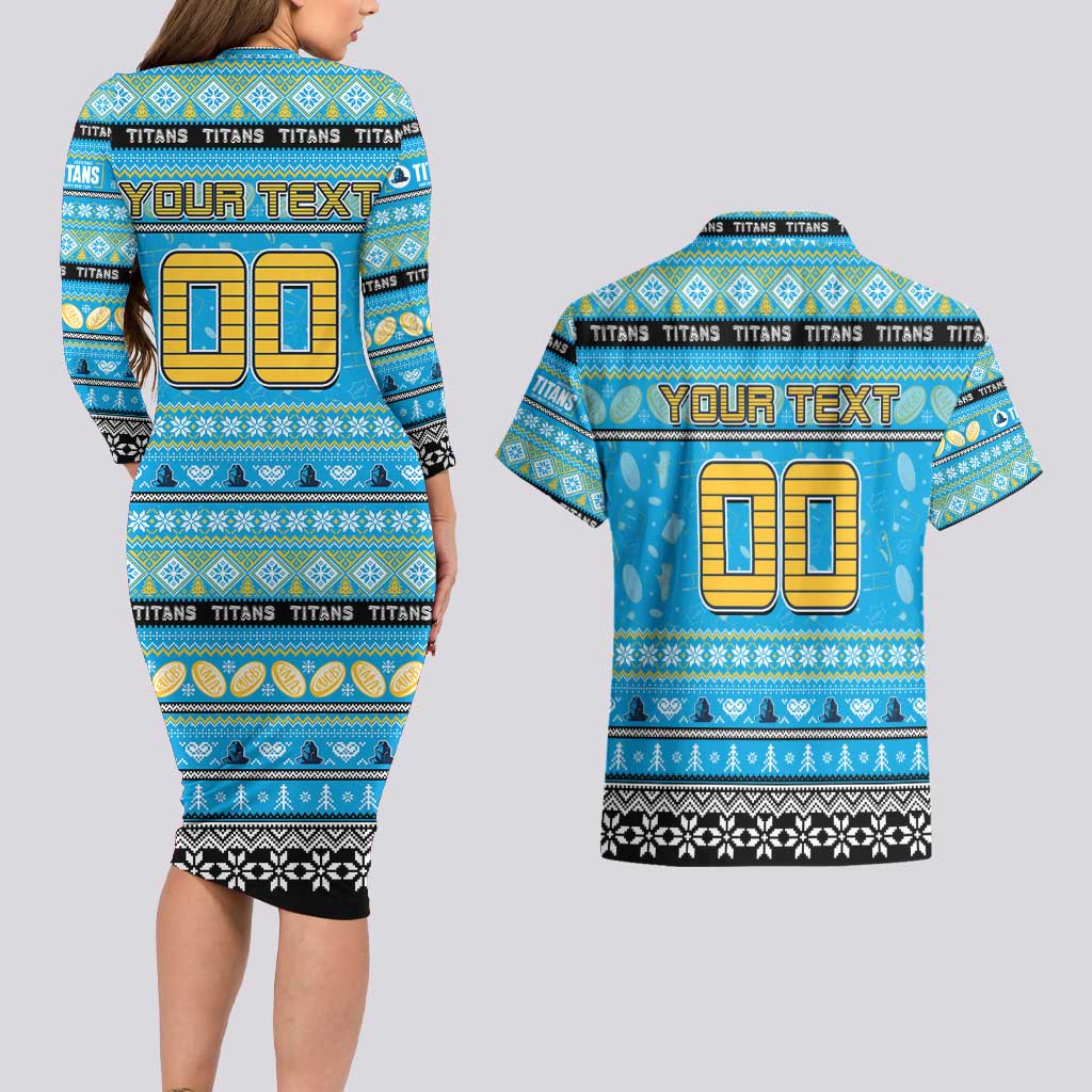 Personalized Titans Rugby Xmas Couples Matching Long Sleeve Bodycon Dress and Hawaiian Shirt Australia NRL Mascot