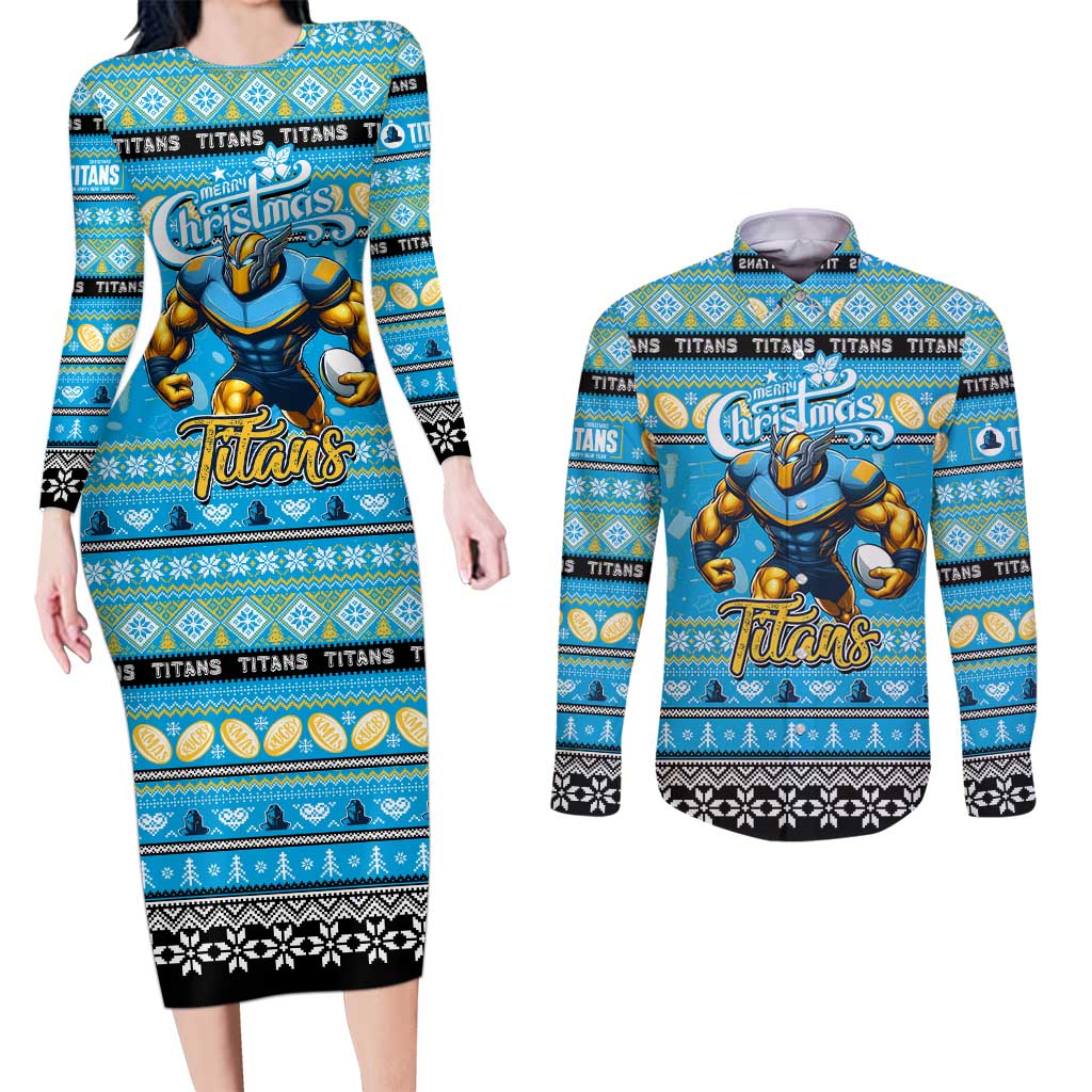 Personalized Titans Rugby Xmas Couples Matching Long Sleeve Bodycon Dress and Long Sleeve Button Shirt Australia NRL Mascot