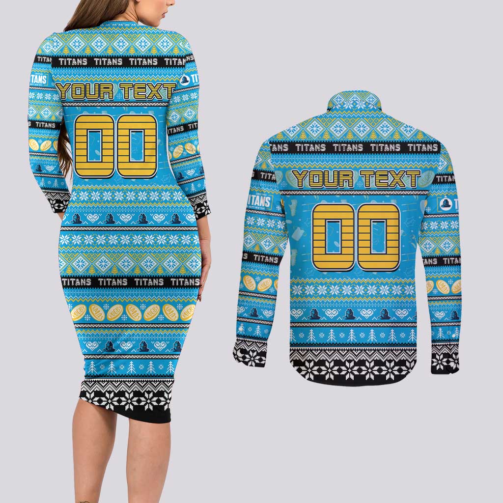 Personalized Titans Rugby Xmas Couples Matching Long Sleeve Bodycon Dress and Long Sleeve Button Shirt Australia NRL Mascot