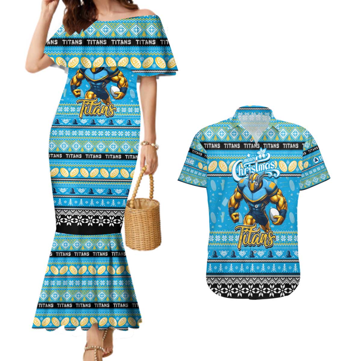 Personalized Titans Rugby Xmas Couples Matching Mermaid Dress and Hawaiian Shirt Australia NRL Mascot