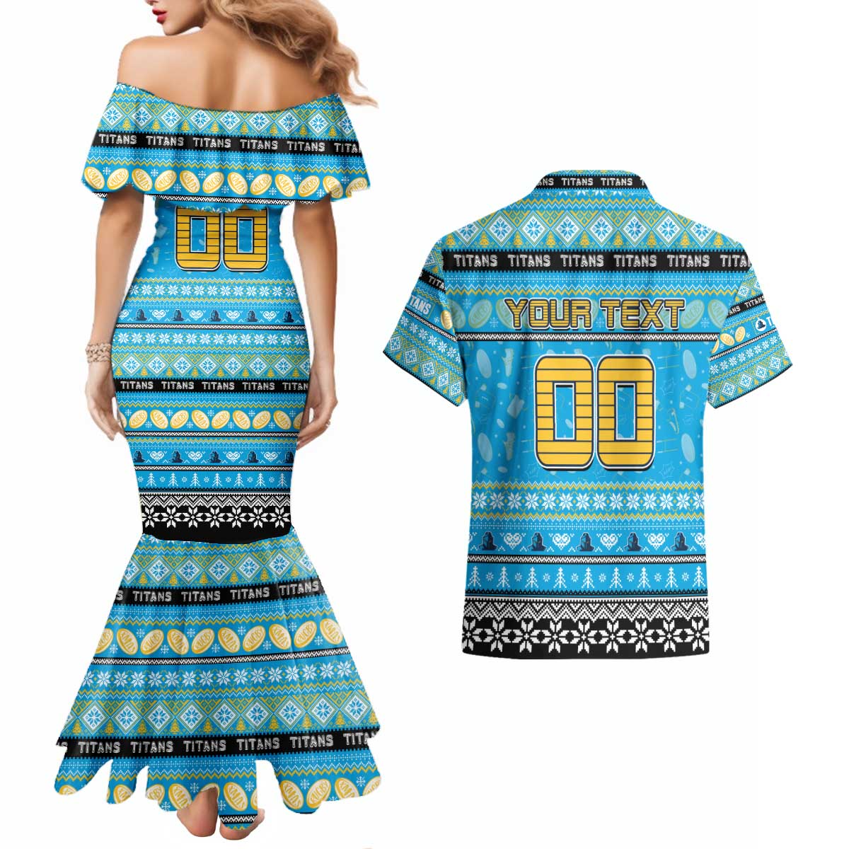 Personalized Titans Rugby Xmas Couples Matching Mermaid Dress and Hawaiian Shirt Australia NRL Mascot