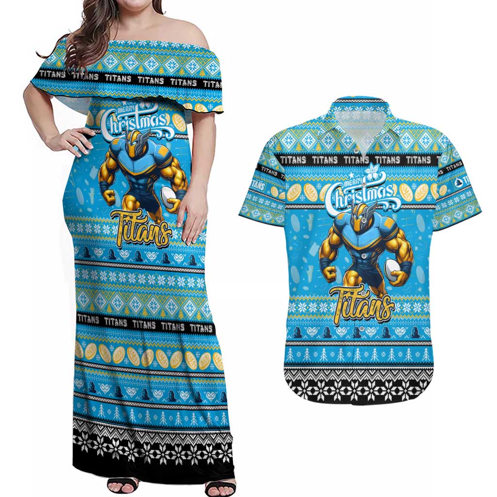 Personalized Titans Rugby Xmas Couples Matching Off Shoulder Maxi Dress and Hawaiian Shirt Australia NRL Mascot