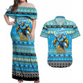 Personalized Titans Rugby Xmas Couples Matching Off Shoulder Maxi Dress and Hawaiian Shirt Australia NRL Mascot
