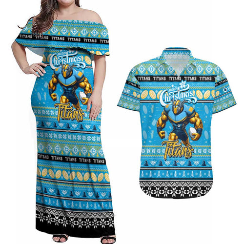 Personalized Titans Rugby Xmas Couples Matching Off Shoulder Maxi Dress and Hawaiian Shirt Australia NRL Mascot
