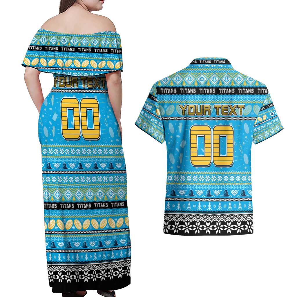 Personalized Titans Rugby Xmas Couples Matching Off Shoulder Maxi Dress and Hawaiian Shirt Australia NRL Mascot